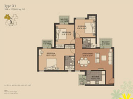 Floor Plans Type-X1 	:	3BR + 2T (1402 sq. ft.)