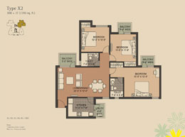 Floor Plans Type-X2 	:	3BR + 2T (1390 sq. ft.)