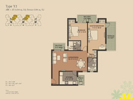 Floor Plans Type-Y2 : 2BR + 2T (1254 sq. ft.); Terrace (104 sq. ft.)