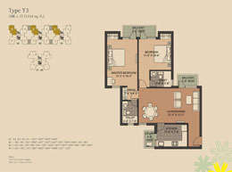 Floor Plans Type-Y3 	:	2BR + 2T (1254 sq. ft.)
