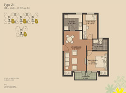 Floor Plans Type-Z1 	:	1BR + Study + 1T (925 sq. ft.)