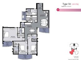 Floor Plans Type X1 - 3BR3TSQ : Saleable Area: 2475 sq. ft.