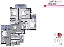 Floor Plans Type Y4 - 3BR3TSQ + Terrace : Saleable Area: 2250 sq. ft., Terrace Area: 106 sq. ft.