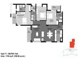 Floor Plans Type T1 - 3B3T0S (Tail) : 1794 Sq.ft (166.66 Sq.mt)