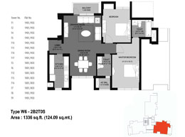 Floor Plans Type W6 - 2B2T0S&nbsp;: 1336 Sq.ft (124.09 Sq.mt)