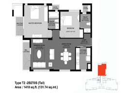 Floor Plans Type T2 - 2B2T0S (Tail) : 1418 Sq.ft (131.74 Sq.mt)