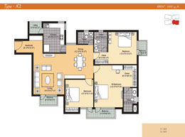 Floor Plans Type-X2 :	3BR3TSQ: 1937 sq.ft.