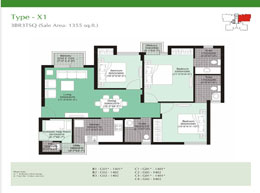 Type-X1 	:	3BR3TSQ (Sale Area: 1355 sq.ft.)