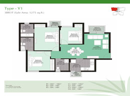Floor Plans Type-Y1 	:	 3BR3T (Sale Area: 1275 sq.ft.)