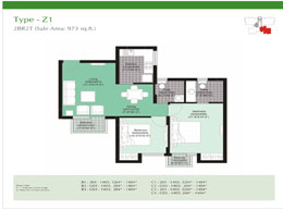 Floor Plans Type-Z1 	:	 2BR2T (Sale Area: 973 sq.ft.)
