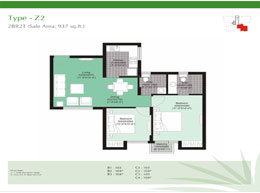 Floor Plans Type-Z2 	:	 2BR2T (Sale Area: 937 sq.ft.)