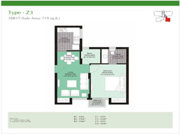 Floor Plans Type-Z3 	:	 1BR2T (Sale Area: 719 sq.ft.)