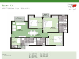Floor Plans Type-X1 : 3BR3TSQ (Sale Area: 1408 sq.ft.)