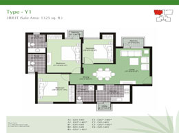Floor Plans Type-Y1 : 3BR3T (Sale Area: 1325 sq.ft.)