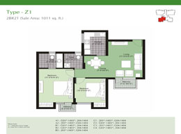 Floor Plans Type-Z1 : 2BR2T (Sale Area: 1011 sq.ft.)