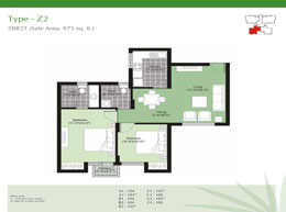 Floor Plans Type-Z2 : 2BR2T (Sale Area: 975 sq.ft.)