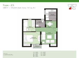 Floor Plans Type-Z3 : 1BR1T + Study (Sale Area: 747 sq.ft.)