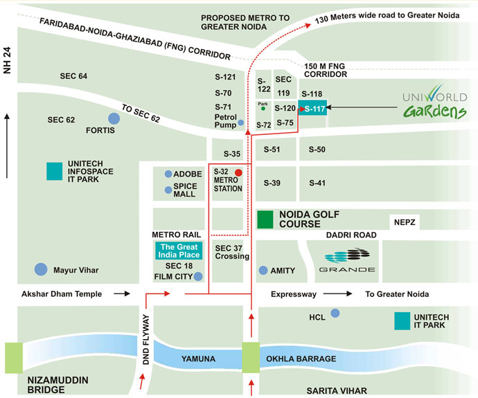 UNI World Gardens Residential Noida Location Map